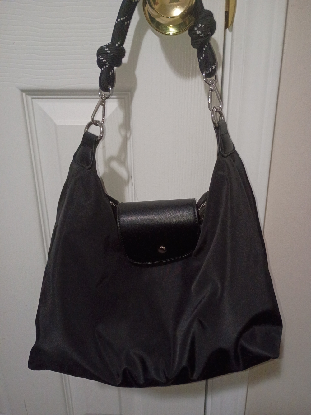 Women’s Black Nylon Hobo Shoulder Bag with Rope-Style Strap